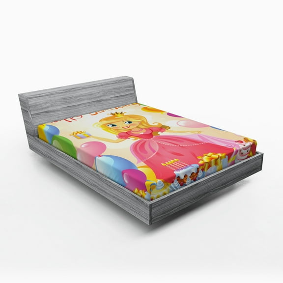 Ambesonne Birthday Fitted Sheet, Girl Cartoon Themed, Full Size, Multicolor