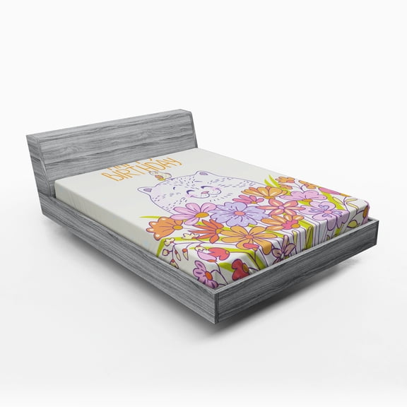 Ambesonne Birthday Fitted Sheet, Happy Cat Bird Flowers, Queen Size, Pale Yellow Lilac Orange
