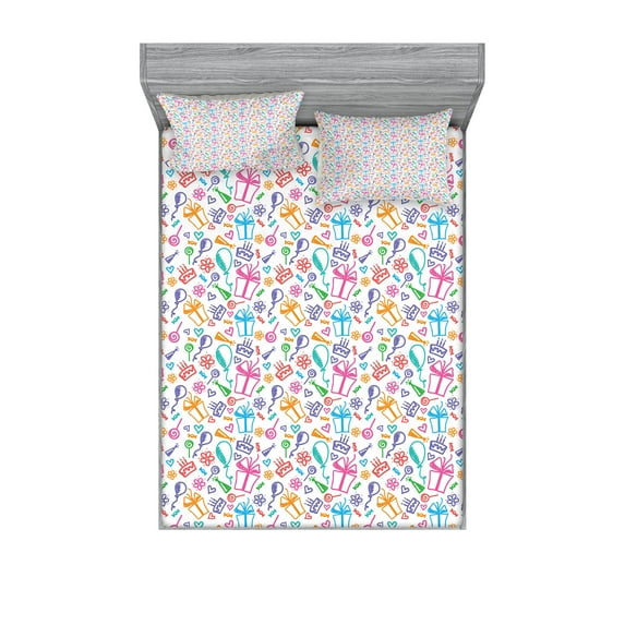 Ambesonne Birthday Fitted Sheet & Pillow Sham Set, Doodle, Full, Multicolor