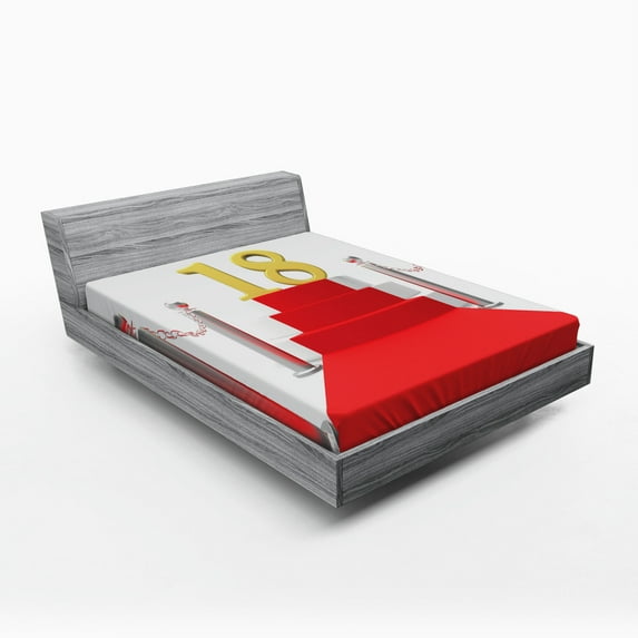 Ambesonne Birthday Fitted Sheet, Teen Hollywood Greet, Queen Size, Red Grey and White