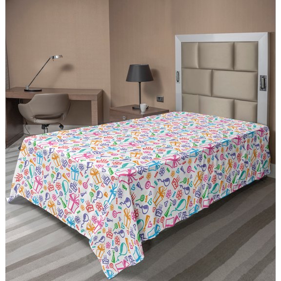 Ambesonne Birthday Flat Sheet, Doodle, TwinXL Size, Multicolor