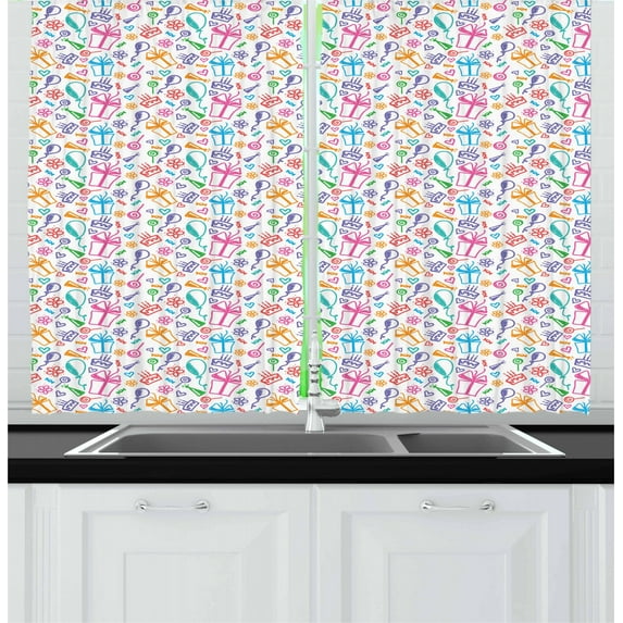 Ambesonne Birthday Kitchen Curtains, Doodle, 55"x39", Multicolor