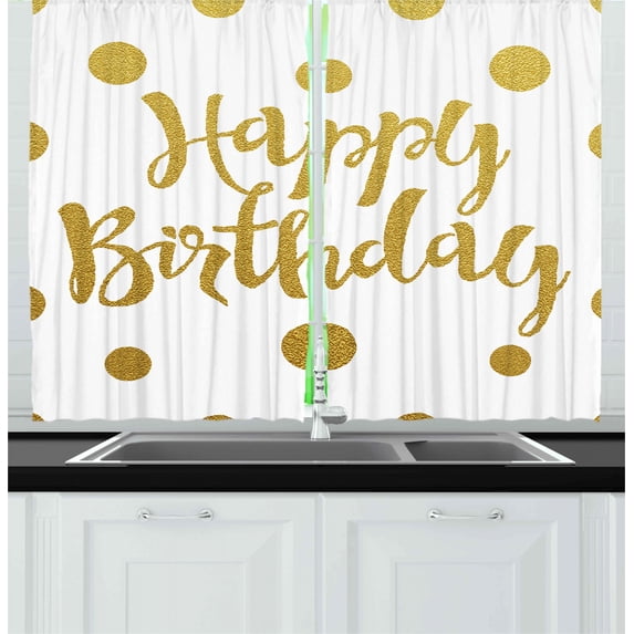 Ambesonne Birthday Kitchen Curtains, Hand Writing Greeting, 55"x39", Yellow White