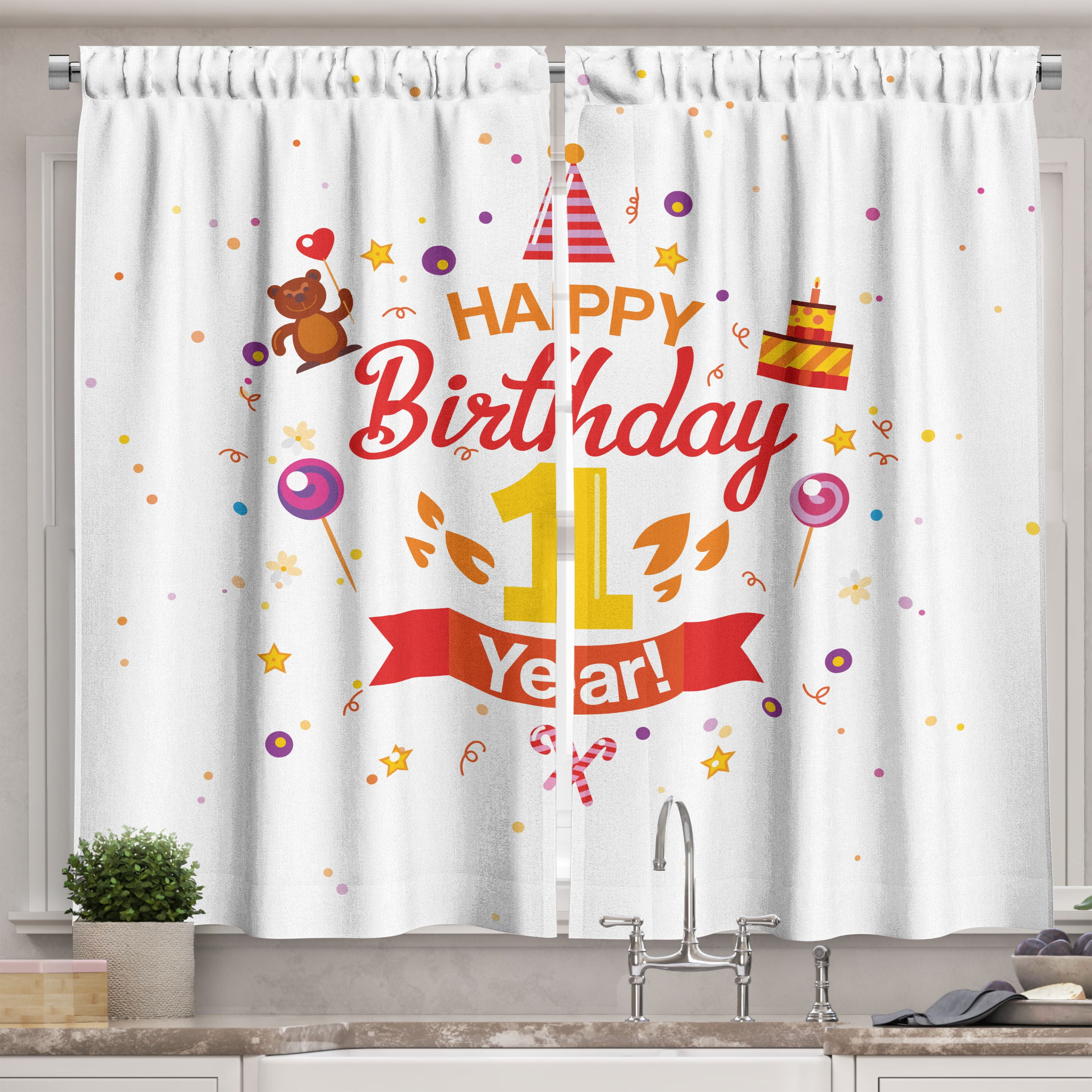 Ambesonne Birthday Kitchen Curtains, Party with Cones Bear, 55