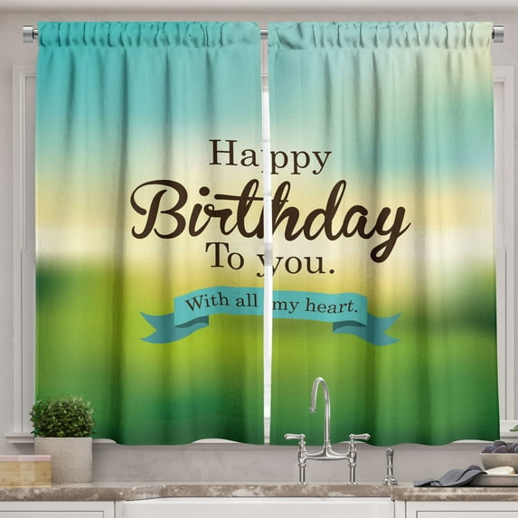Ambesonne Birthday Kitchen Curtains, Sincere Greeting Blur, 55"x45", Turquoise Green Yellow