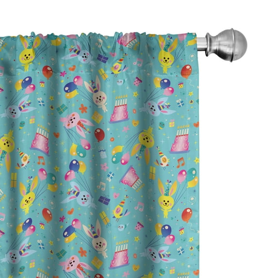 Ambesonne Birthday Party Window Curtains, Bunnies Cakes Gifts, Each 28" W x 84" L, Dark Seafoam and Multicolor