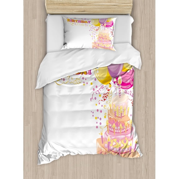Ambesonne Birthday Party Duvet Cover Sets, Girl Theme Cake, 2-Twin, Orange and Pink