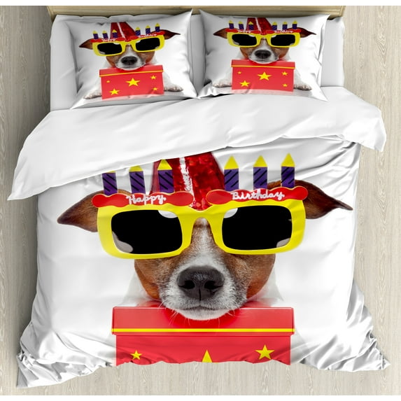 Ambesonne Birthday Party Duvet Cover Sets, Party Dog Sunglasses, 2-King, Yellow and Red