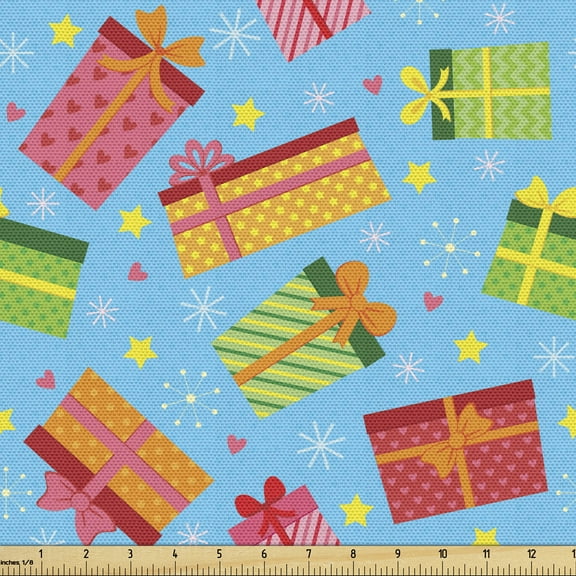 Ambesonne Birthday Party Fabric by the Yard Upholstery, Colorful Presents, 2 Yards, Deep Sky Blue Multicolor