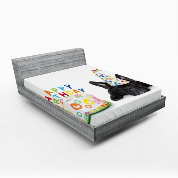 Ambesonne Birthday Party Fitted Sheet, Bulldog Party Cake, Full Size, Multicolor