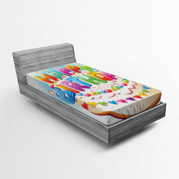 Ambesonne Birthday Party Fitted Sheet, Cake Candles Hearts, Twin XL Size, Multicolor