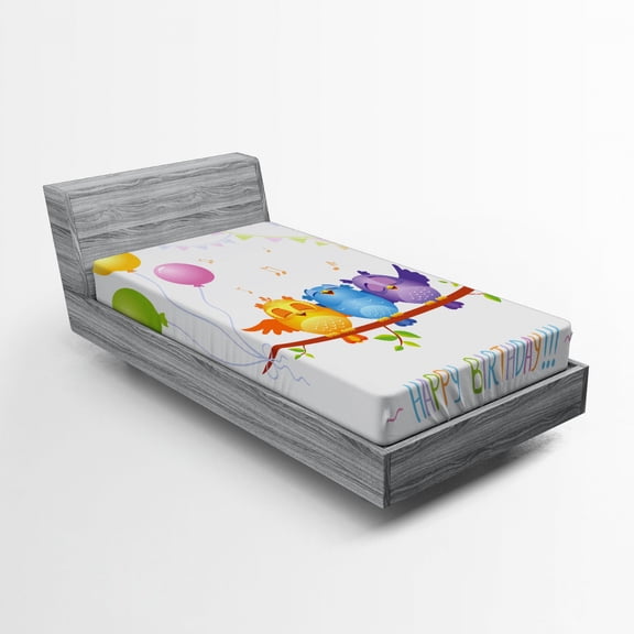 Ambesonne Birthday Party Fitted Sheet, Owls Sitting Branch, Twin Size, Multicolor