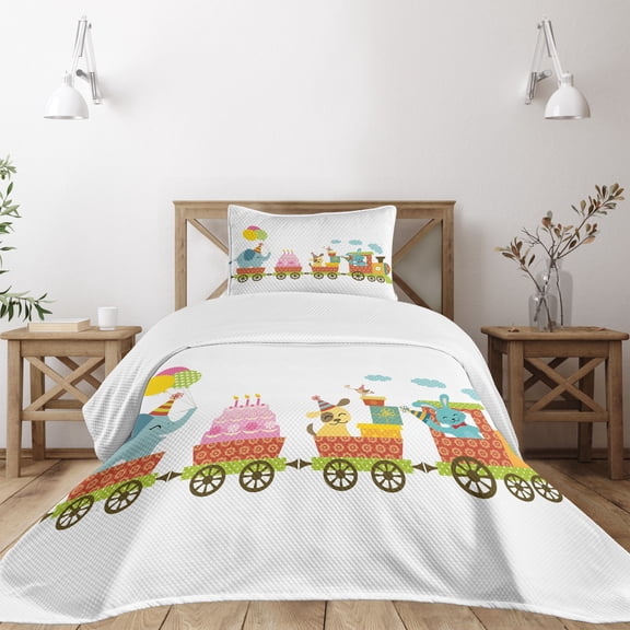 Ambesonne Birthday Party Quilted Bedspread Set 2 Pcs, Birthday Cake Animal, Twin Size, Multicolor
