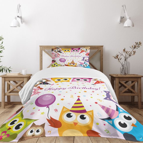 Ambesonne Birthday Party Quilted Bedspread Set 2 Pcs, Birthday Party Owls, Twin Size, Multicolor