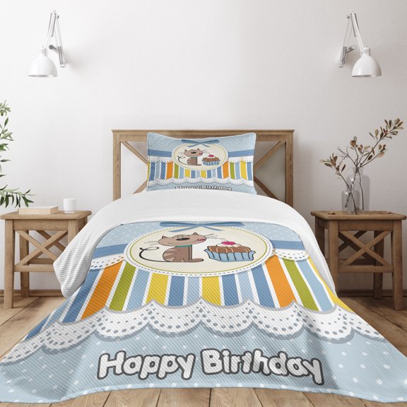 Ambesonne Birthday Party Quilted Bedspread Set 2 Pcs, Cat with Cake, Twin Size, Pale Blue White