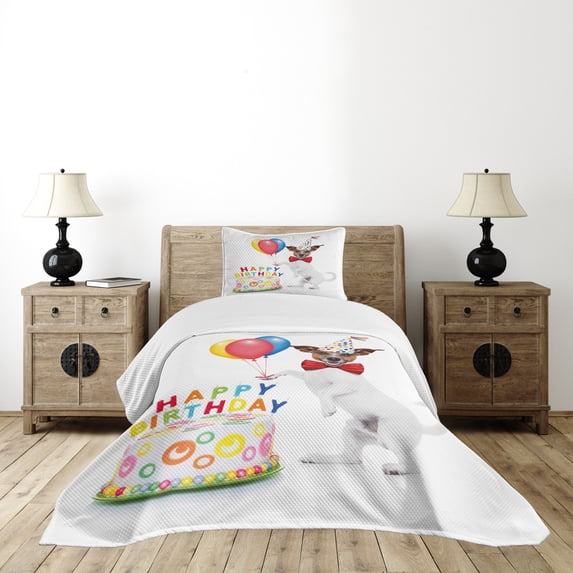 Ambesonne Birthday Party Quilted Bedspread Set 2 Pcs, Dance Party Dog Cake, Twin Size, Multicolor