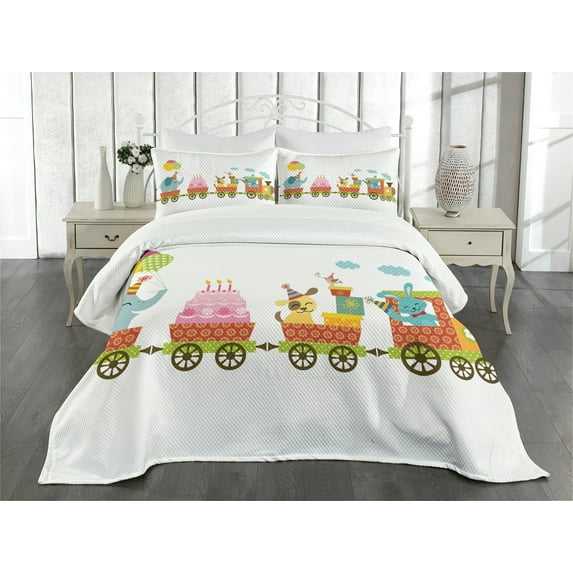 Ambesonne Birthday Party Quilted Bedspread Set 3 Pcs, Birthday Cake Animal, King Size, Multicolor