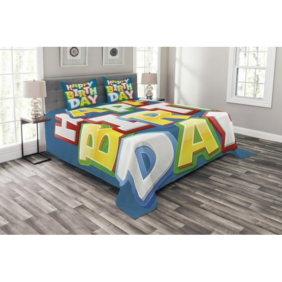 Ambesonne Birthday Party Quilted Bedspread Set 3 Pcs, Birthday Lettering, King Size, Multicolor