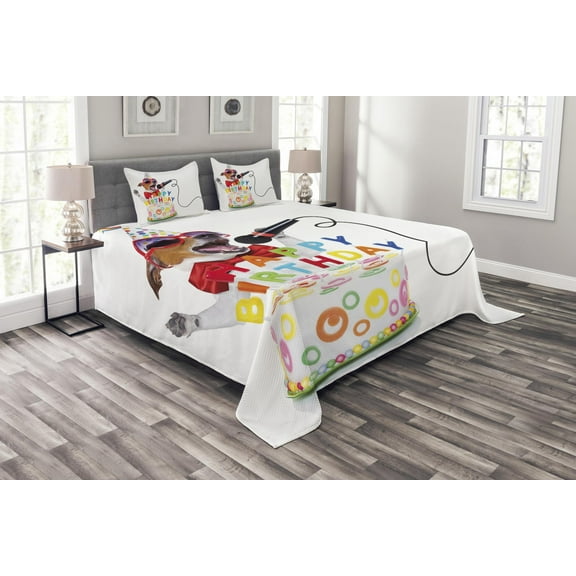 Ambesonne Birthday Party Quilted Bedspread Set 3 Pcs, Birthday Music Dog, King Size, Multicolor