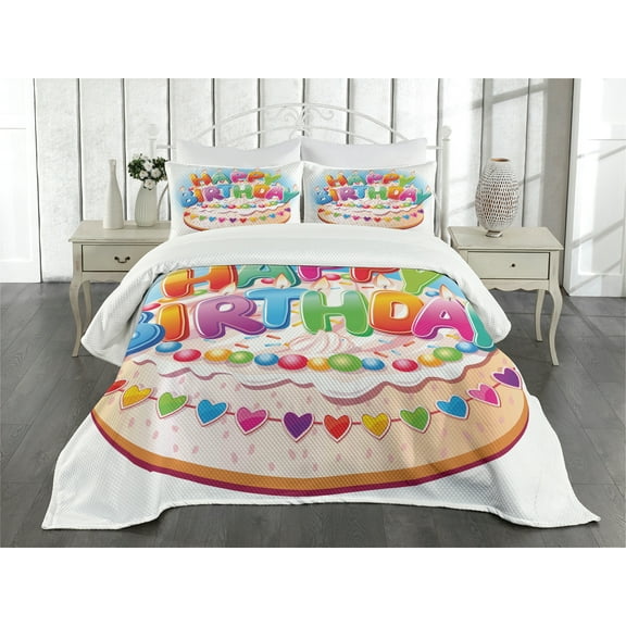Ambesonne Birthday Party Quilted Bedspread Set 3 Pcs, Cake Candles Hearts, King Size, Multicolor