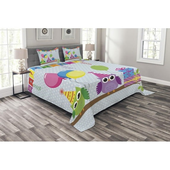 Ambesonne Birthday Party Quilted Bedspread Set 3 Pcs, Cartoon Owl at Party, King Size, Pale Blue
