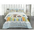 thumbnail image 1 of Ambesonne Birthday Party Quilted Bedspread Set 3 Pcs, Cat with Cake, Queen Size, Pale Blue White, 1 of 3