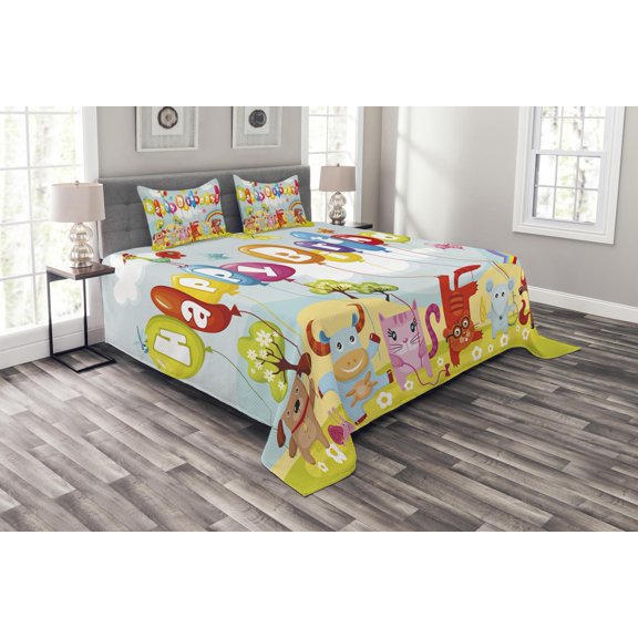 Ambesonne Birthday Party Quilted Bedspread Set 3 Pcs, Farm Barn Animals, Queen Size, Multicolor