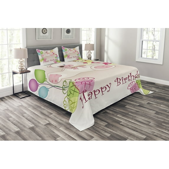 Ambesonne Birthday Party Quilted Bedspread Set 3 Pcs, Pastel Teddy Bears, Queen Size, Pale Pink