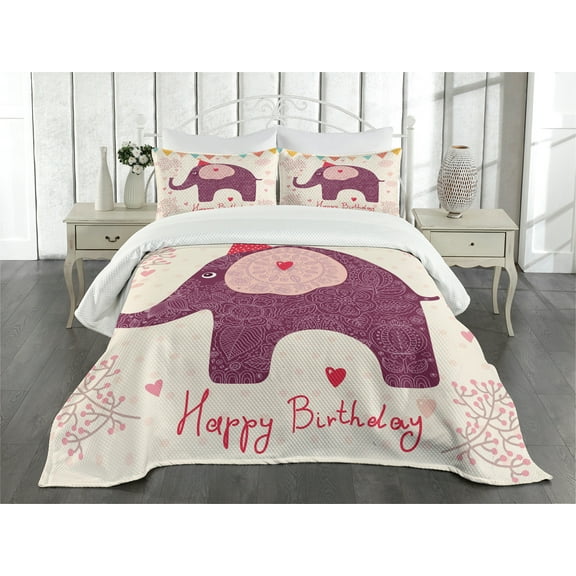 Ambesonne Birthday Party Quilted Bedspread Set 3 Pcs, Purple Art, King Size, Pink