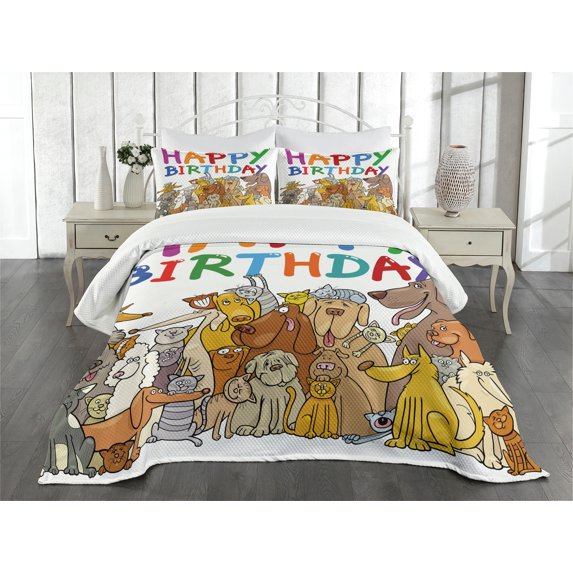 Ambesonne Birthday Party Quilted Bedspread Set 3 Pcs, Streets Dogs Animals, Queen Size, Multicolor