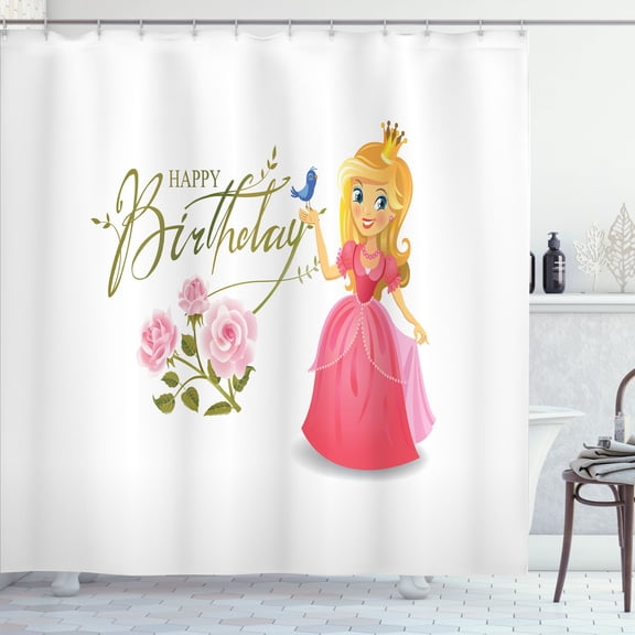 Ambesonne Birthday Party Shower Curtain, Lady with Crown Art, 69"Wx70"L, Pastel Pink Marigold Fawn