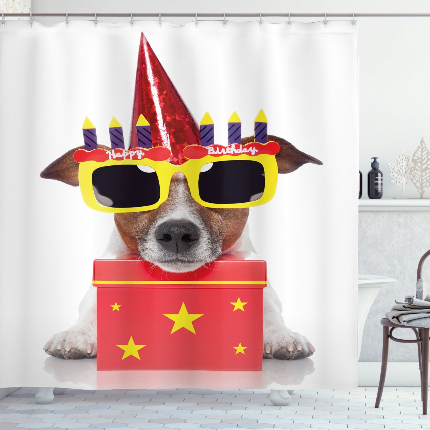 Ambesonne Birthday Party Shower Curtain, Party Dog Sunglasses, 69"Wx84"L, Yellow and Red