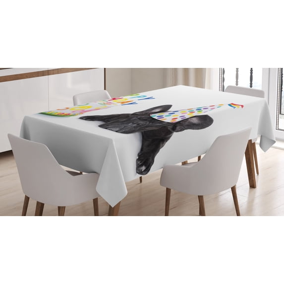 Ambesonne Birthday Party Tablecloth Rectangular Table Cover, Bulldog Party Cake, 52"x70", Multicolor