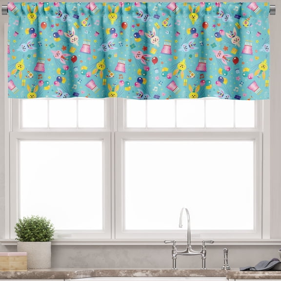 Ambesonne Birthday Party Valance Pack of 2, Bunnies Cakes Gifts, 54"X12", Dark Seafoam and Multicolor