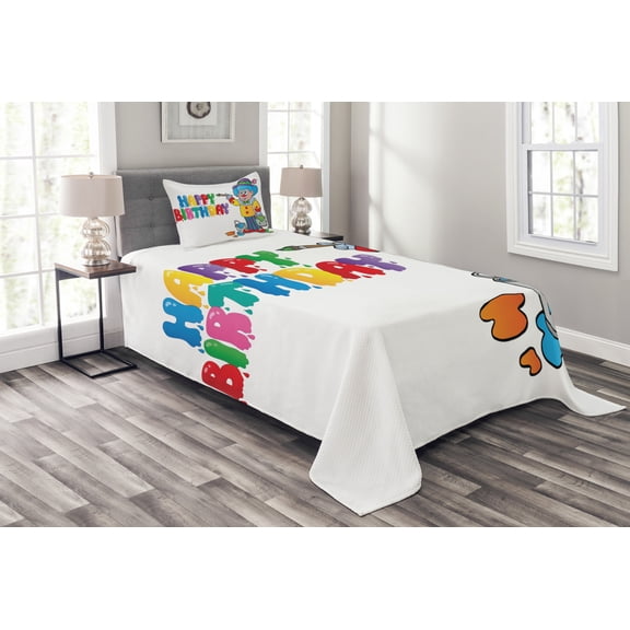 Ambesonne Birthday Quilted Bedspread Set 2 Pcs, Birthday Party Clown, Twin Size, Multicolor