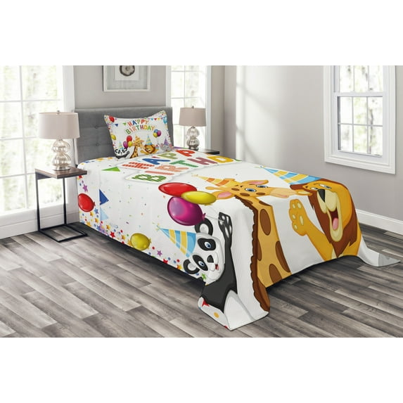 Ambesonne Birthday Quilted Bedspread Set 2 Pcs, Cartoon Animals Party, Twin Size, Multicolor