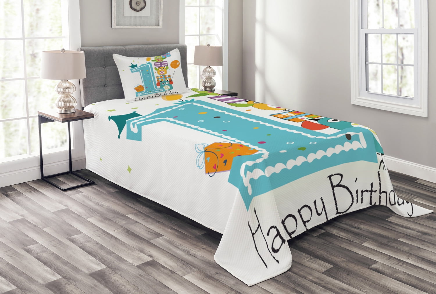 White Quilted Twin Bedspread Set with Owl Print
