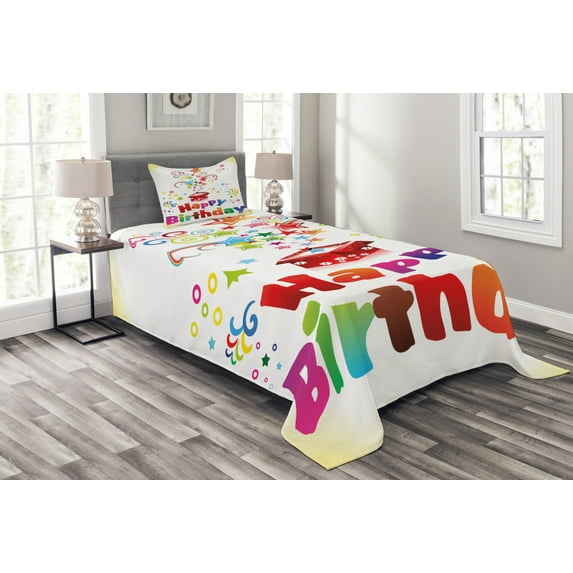 Ambesonne Birthday Quilted Bedspread Set 2 Pcs, Gift Box Colorful Stars, Twin Size, Multicolor