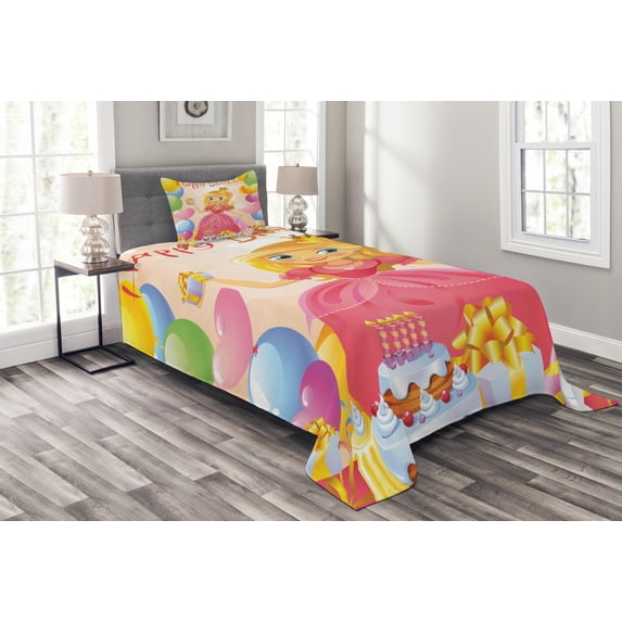 Ambesonne Birthday Quilted Bedspread Set 2 Pcs, Girl Cartoon Themed, Twin Size, Multicolor
