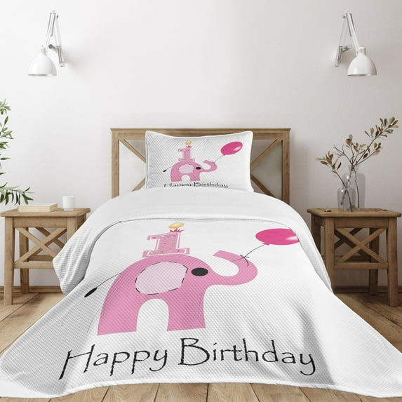 Ambesonne Birthday Quilted Bedspread Set 2 Pcs, Girls Party, Twin Size, Pale Pink White