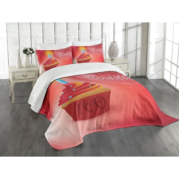Ambesonne Birthday Quilted Bedspread Set 3 Pcs, 100 Old Cupcake, Queen Size, Pink Red and Orange