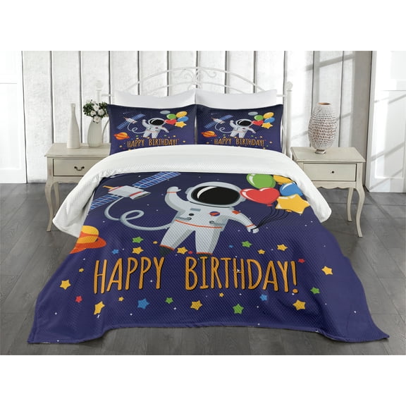 Ambesonne Birthday Quilted Bedspread Set 3 Pcs, Astronaut Balloon, King Size, Multicolor