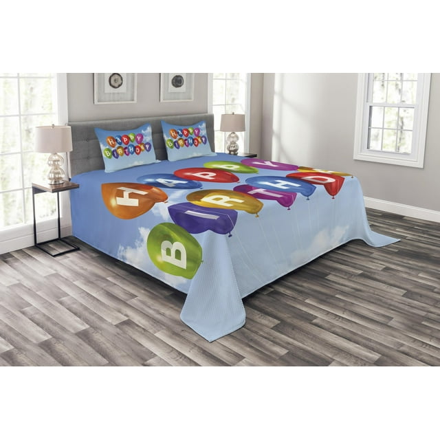 Ambesonne Birthday Quilted Bedspread Set 3 Pcs, Balloons Letters Sky, King Size, Multicolor