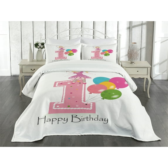 Ambesonne Birthday Quilted Bedspread Set 3 Pcs, Best Wishes Pink Wand, Queen Size, Pale Pink and Lilac
