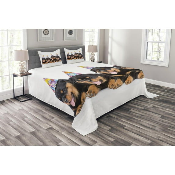 Ambesonne Birthday Quilted Bedspread Set 3 Pcs, Birthday Dogs Hats, King Size, Marigold and Black
