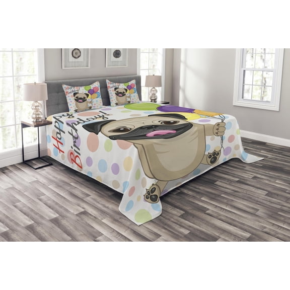 Ambesonne Birthday Quilted Bedspread Set 3 Pcs, Birthday Pug Dog, Queen Size, Multicolor