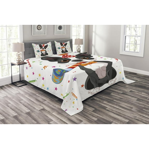 Ambesonne Birthday Quilted Bedspread Set 3 Pcs, Boston Terrier Dog, Queen Size, Multicolor