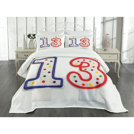 Ambesonne Birthday Quilted Bedspread Set 3 Pcs, Candles 13, Queen Size, Multicolor
