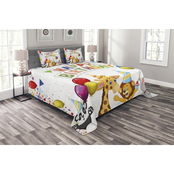 Ambesonne Birthday Quilted Bedspread Set 3 Pcs, Cartoon Animals Party, Queen Size, Multicolor