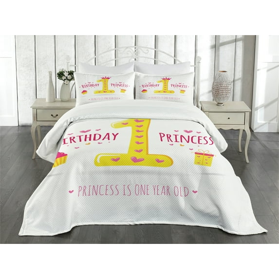 Ambesonne Birthday Quilted Bedspread Set 3 Pcs, Cartoon Theme Party, Queen Size, Yellow and Hot Pink